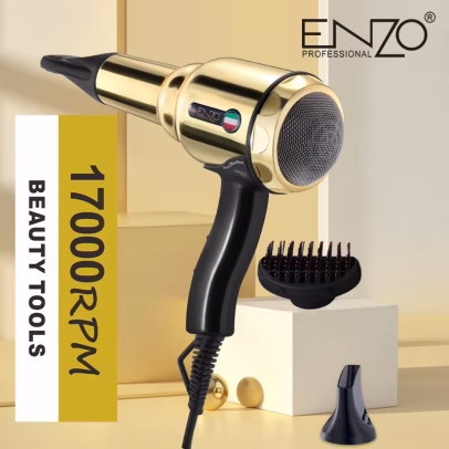 مجفف شسوار سشوار شعر إنزو EN-2999 أيوني ذهبي سريع التجفيف بقوة 1845 واط وتصميم معدني فخم